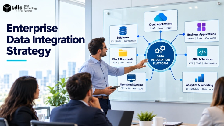 Enterprise data integration strategy with connected databases, cloud apps, APIs, business systems, and analytics.