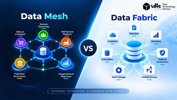 Data Mesh vs Data Fabric comparison showing decentralized domain ownership and data products alongside automated integration, metadata, governance, and unified access.Data Mesh vs Data Fabric comparison showing decentralized domain ownership and data products alongside automated integration, metadata, governance, and unified access.