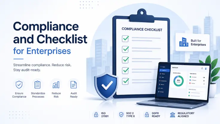 Enterprise web portal compliance checklist featuring security, audit readiness, risk reduction, GDPR, SOC 2, and ISO 27001 compliance.