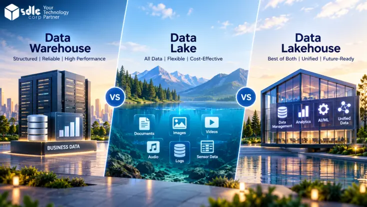 Data Warehouse vs Data Lake vs Data Lakehouse comparison showing structured business data, flexible multi-format storage, and unified analytics and AI capabilities.