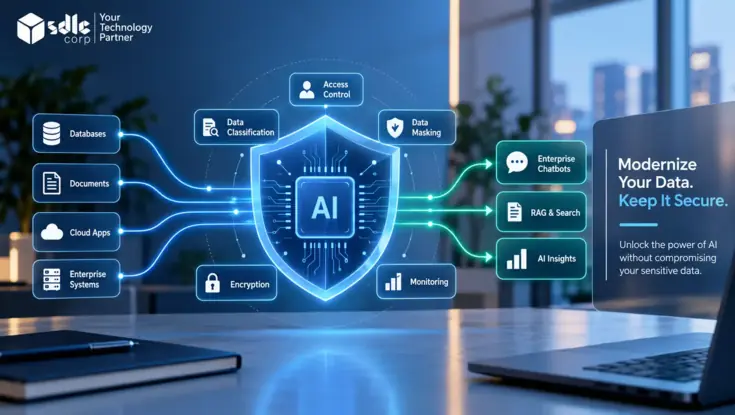 Secure AI data modernization diagram showing protected enterprise data sources, access control, data masking, encryption, and AI-powered chatbots, RAG search, and insights.