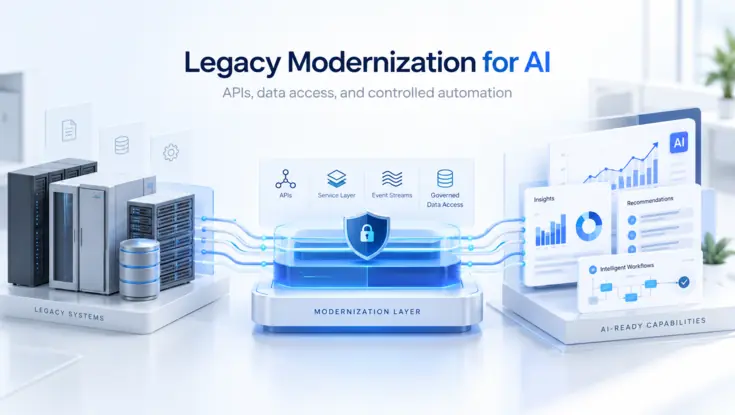 Alt text: “Legacy modernization for AI illustration showing secure integration of legacy systems, APIs, governed data access, and AI-ready analytics.