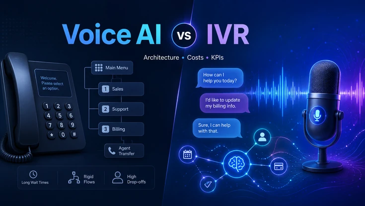 Voice AI vs IVR comparison showing traditional phone menu routing and conversational AI voice automation.