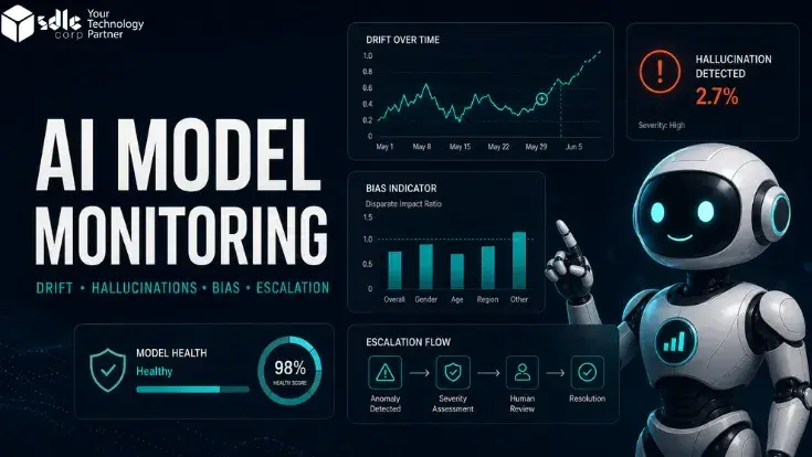 AI model monitoring in production showing drift, hallucination, bias, and performance monitoring signals