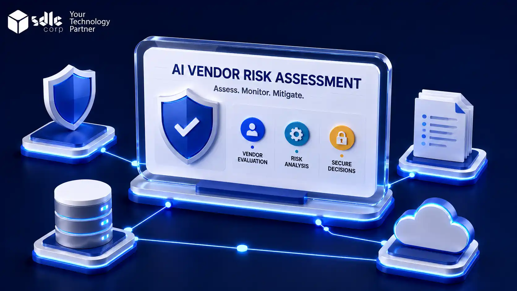 AI vendor risk assessment dashboard with security shield, vendor evaluation, risk analysis, secure decision icons, cloud and database connections, and SDLC Corp logo.