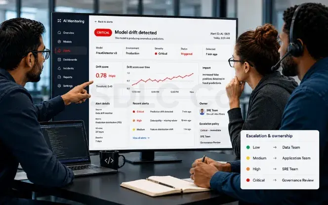 Team responding to an AI monitoring alert and assigning ownership