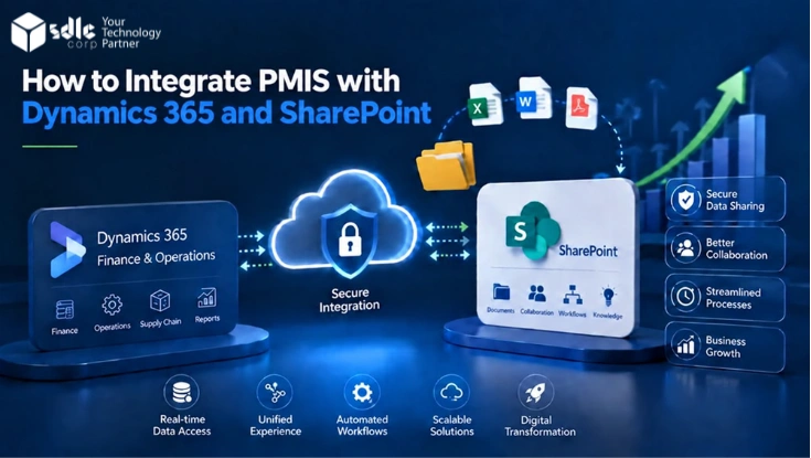 Illustration of Dynamics 365 and SharePoint connected through a secure cloud integration, with document sharing and workflow icons.