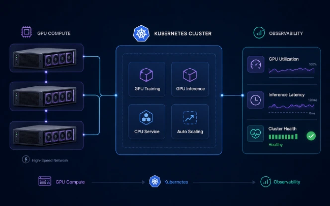 AI infrastructure diagram showing GPU compute servers connected to a Kubernetes cluster with training, inference, autoscaling, and observability monitoring.