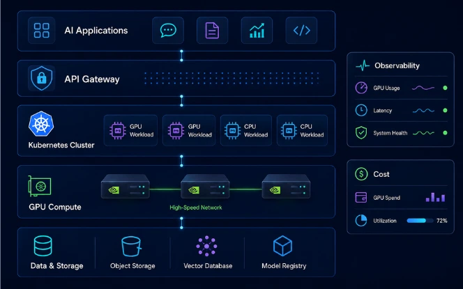 AI infrastructure architecture showing applications, API gateway, Kubernetes GPU and CPU workloads, GPU compute, storage, observability, and cost monitoring.