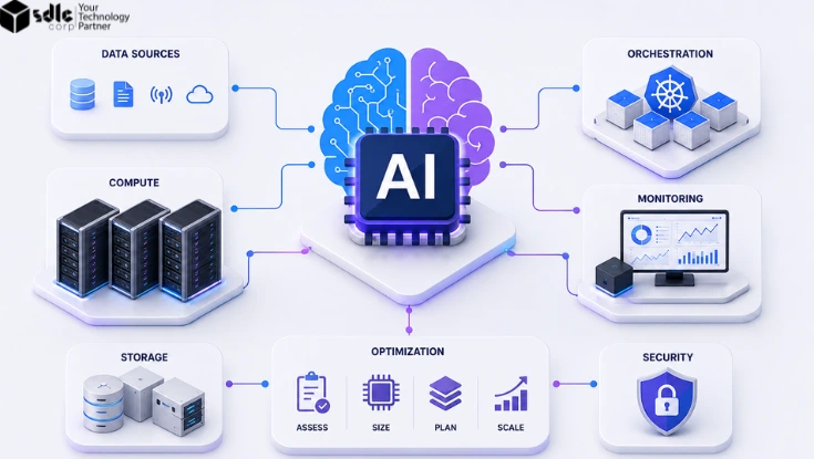 AI infrastructure planning illustration showing GPU servers connected to cloud, Kubernetes, storage, monitoring, scaling, optimization, and security components.