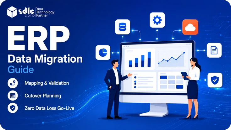 ERP data migration guide illustration showing mapping, validation, cutover planning, data dashboards, and secure ERP system migration.