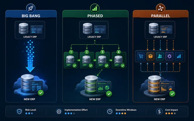 ERP migration cutover and validation architecture showing reconciliation, final checks, go-live approval, monitoring, and rollback readiness