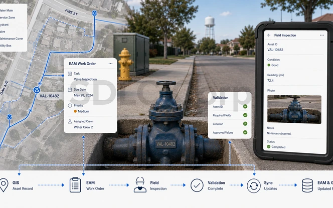 GIS–EAM workflow for water valve inspection and asset updates.
