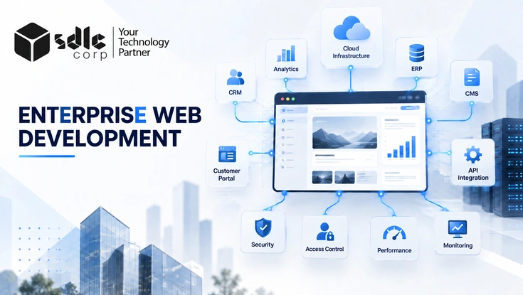 Enterprise web development platform connecting CRM, ERP, CMS, cloud infrastructure, analytics, security, API integration, performance, and monitoring.