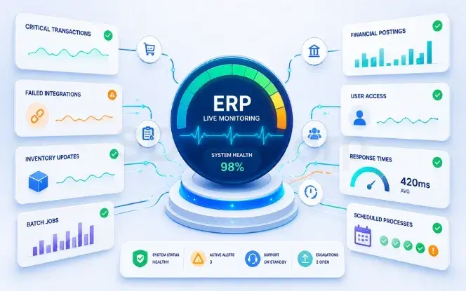 ERP hypercare monitoring after go-live covering transactions, integrations and financial postings