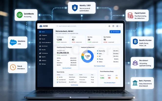 A connected HCM dashboard surrounded by the payroll, benefits, finance, identity, recruiting, learning and time and attendance systems that depend on it