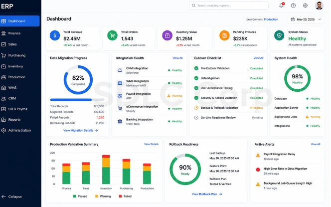 ERP rollout risks covering cutover, data migration, integrations, and user adoption