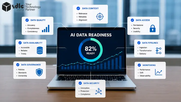 AI data readiness assessment showing data quality, governance, security, integration, and production AI deployment readiness.