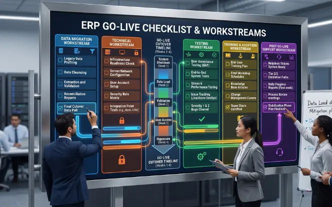 ERP go-live checklist grouped by workstream with named owners and closing evidence artefacts