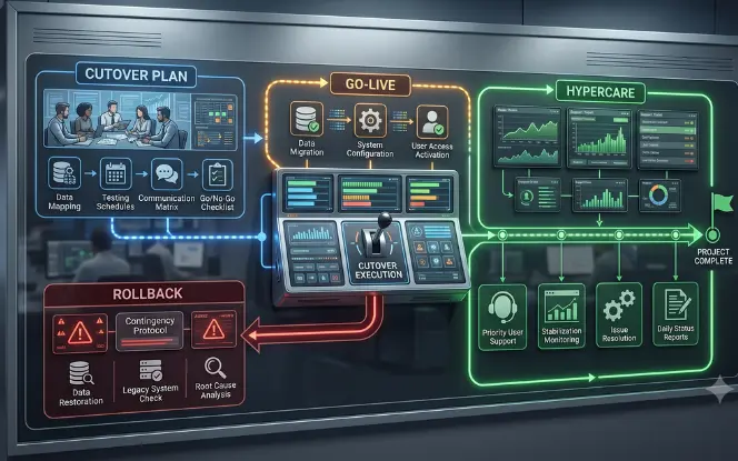 ERP cutover plan showing the go-live runbook, validation gates, rollback branch and hypercare phase