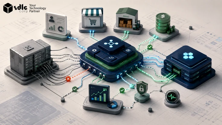 ERP integration architecture connecting legacy systems, business applications, and a modern replacement ERP through a centralized integration platform.
