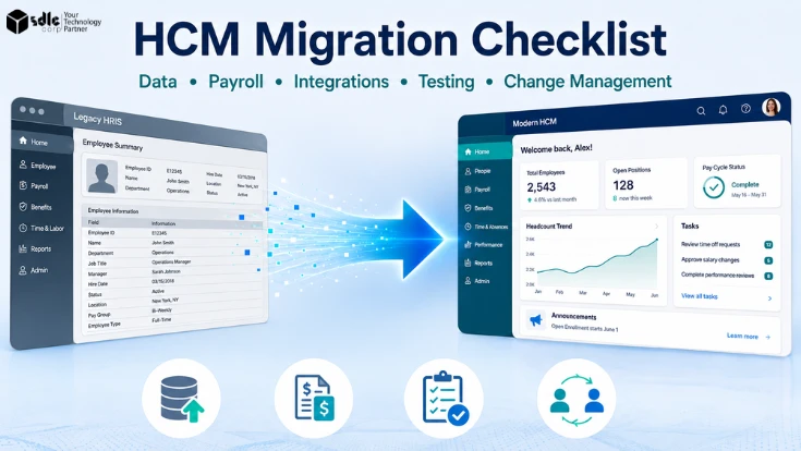 HCM migration checklist showing legacy HCM moving to a new system through data migration, payroll validation, integrations, testing, and user adoption.