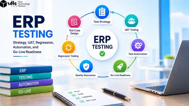 ERP testing lifecycle showing test strategy, UAT, regression testing, automation, quality assurance, and go-live readiness.