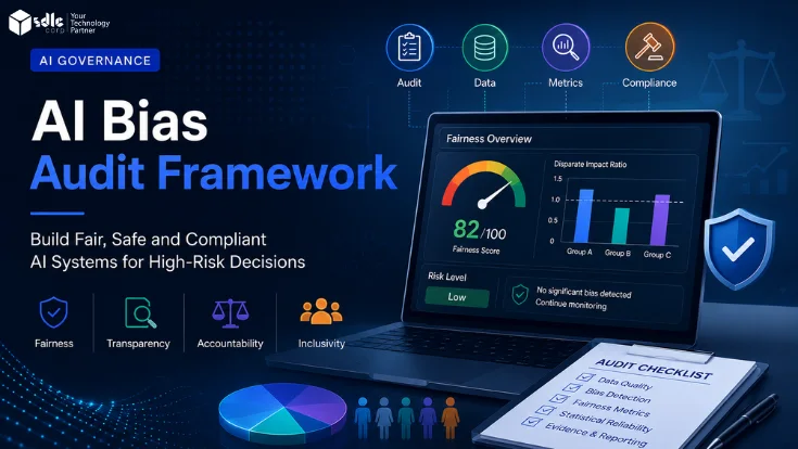 AI bias audit framework dashboard showing fairness metrics, disparate impact, risk level, and audit evidence for high-risk AI decisions