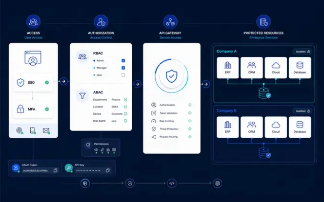Enterprise portal API security and access control architecture with RBAC tenant isolation authorization and protected integrations