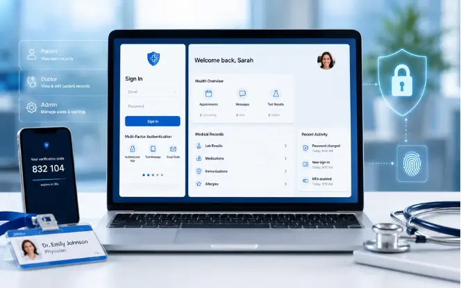 Patient portal authentication and authorization flow with MFA RBAC ABAC permission checks and secure access