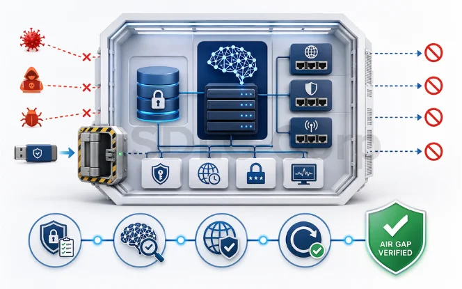 Air-gapped AI environment with isolated infrastructure, blocked outbound connections, security controls, and validation checks