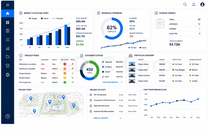 PMIS project controls dashboard showing budgets, schedules, change orders, risks, documents, portfolio status, and cost performance