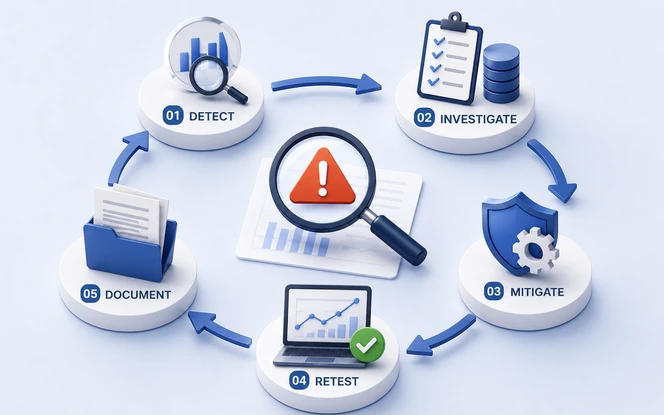 AI bias test remediation process showing detect, investigate, mitigate, retest, and document steps