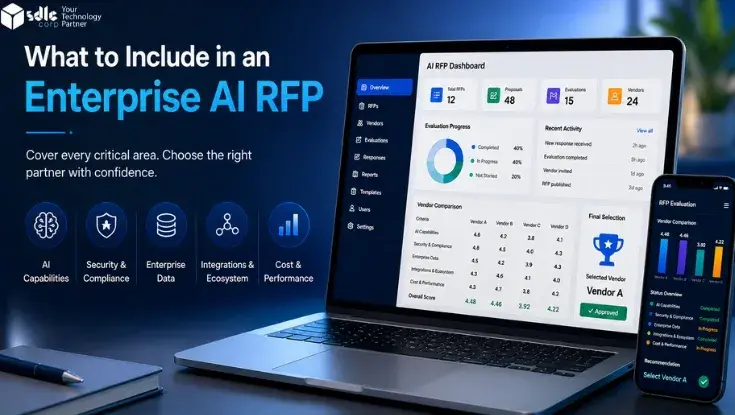 Enterprise AI RFP dashboard showing vendor evaluation, security, data, integrations, cost, and final vendor selection.