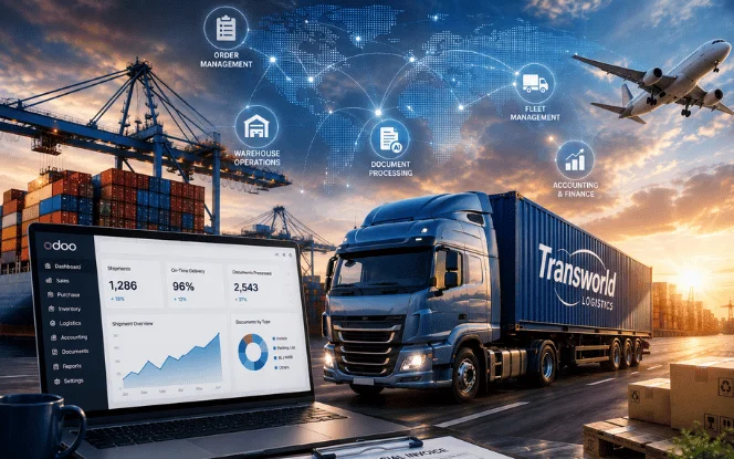 Transworld Logistics ERP and AI modernization, with AI document extraction validated before entering the Odoo ERP