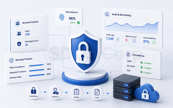 ERP security compliance and access control illustration showing role-based access, data protection, compliance, and audit controls