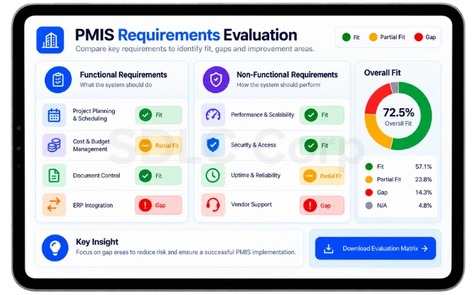 PMIS functional and non-functional requirements evaluated as Fit, Partial Fit and Gap