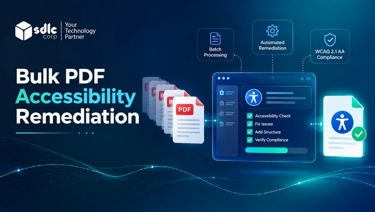Bulk PDF accessibility remediation workflow showing automated PDF processing, accessibility checks, WCAG 2.1 AA compliance, and remediation verification