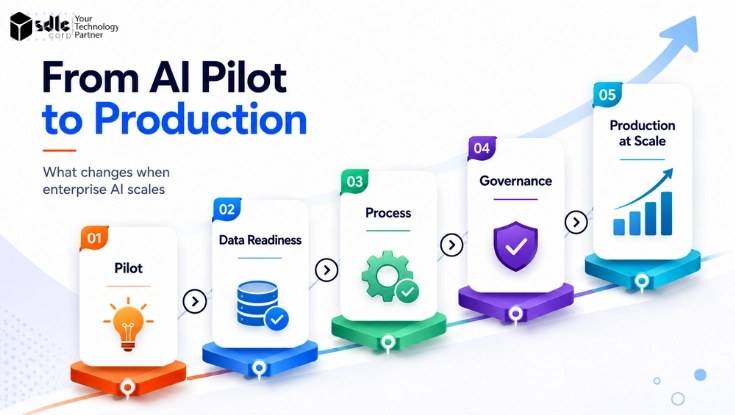 From AI Pilot to Production roadmap showing pilot, data readiness, process, governance, and production at scale.