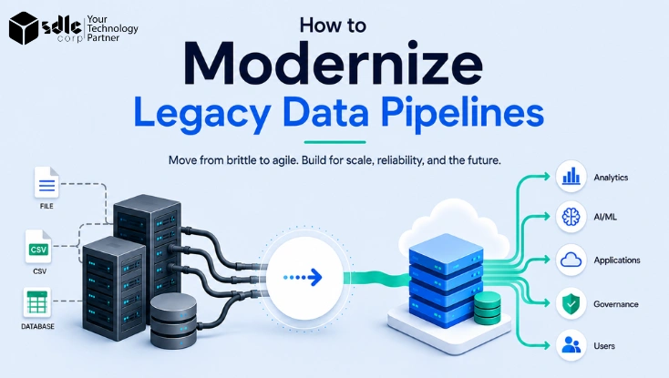 How to modernize legacy data pipelines, showing legacy servers and data sources transitioning to a modern cloud data platform for analytics, AI/ML, applications, governance, and users.