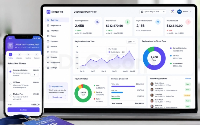 Event registration and payment processing dashboard showing registrations, revenue, payment status, refunds, and ticket analytics