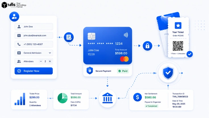 Event management workflow showing attendee registration, secure payment processing, digital ticket confirmation, settlement, and event notifications