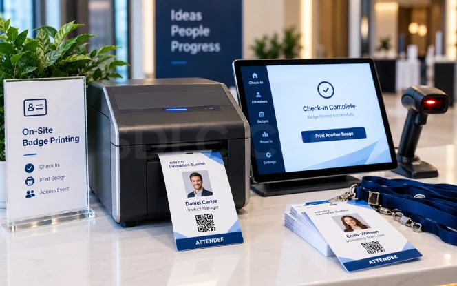 Onsite event badge printer producing an attendee badge with a photo, name, QR code, and lanyard