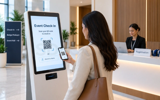 Attendee using a self-service event check-in kiosk to scan a QR code at a registration desk