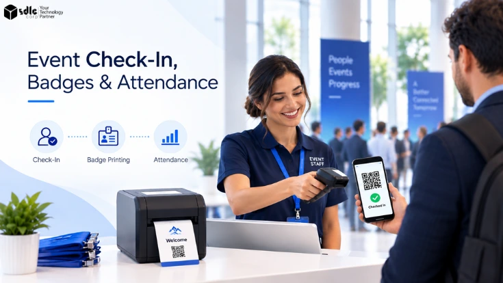 Event check-in desk with QR scanning, badge printing, and attendance tracking