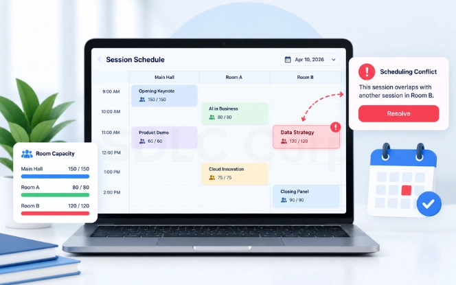 Session scheduling dashboard showing room, speaker and time conflicts with resolution controls
