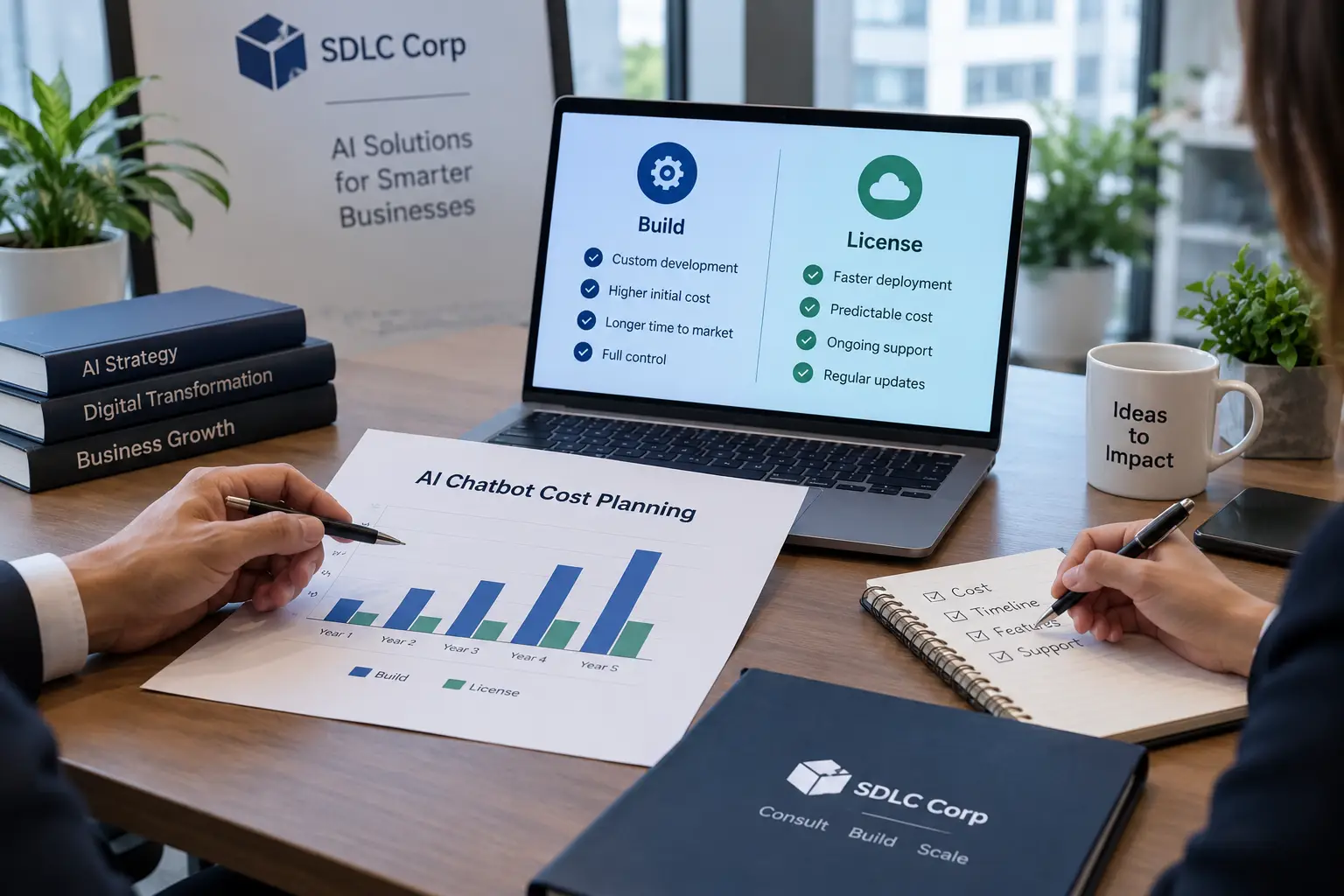 SDLC Corp consultation on AI chatbot cost build vs license planning