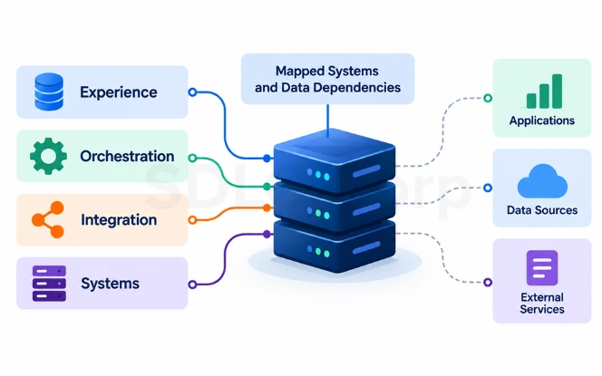 Mapped systems and data dependencies connecting core systems to applications, data sources and external services