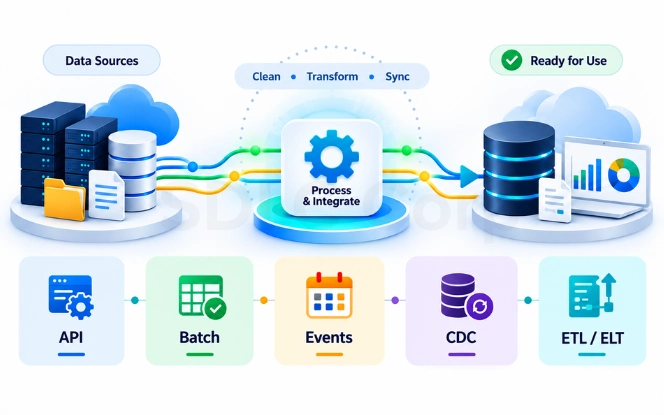 Enterprise data integration flow moving data from sources through clean, transform and sync steps to ready-to-use data