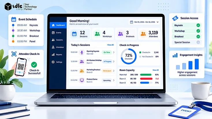 Multi-session event management dashboard showing schedules, attendance, check-ins, breakout groups and task tracking